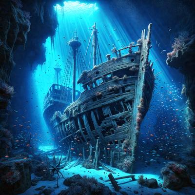 The primary subject of the image is a large, old, and rusted shipwreck. The ship is surrounded by a variety of sea creatures, including fish and coral. The setting is underwater, with the shipwreck resting on the ocean floor. The visual style of the image is a combination of photo and digital art, creating a realistic and detailed representation of the shipwreck and its surroundings. The colors and mood of the image are dark and moody, emphasizing the aged and abandoned nature of